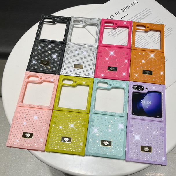For Samsung Galaxy Z Flip6 5G PC Full Diamond Shockproof Folding Phone Case with Diamond Logo(Pink)