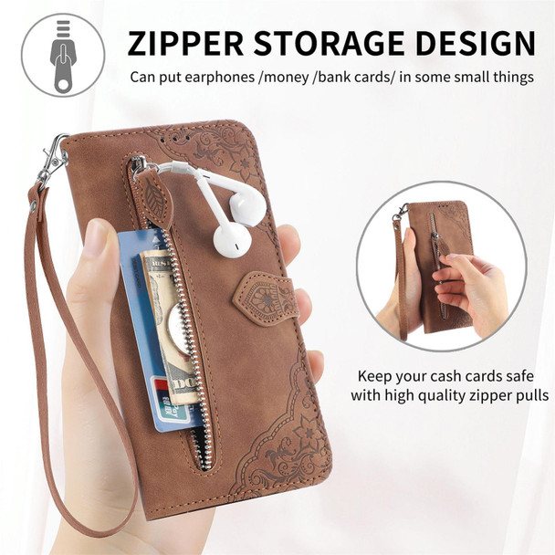 For ZTE Blade A34 Embossed Flower Zipper Leather Phone Case(Brown)