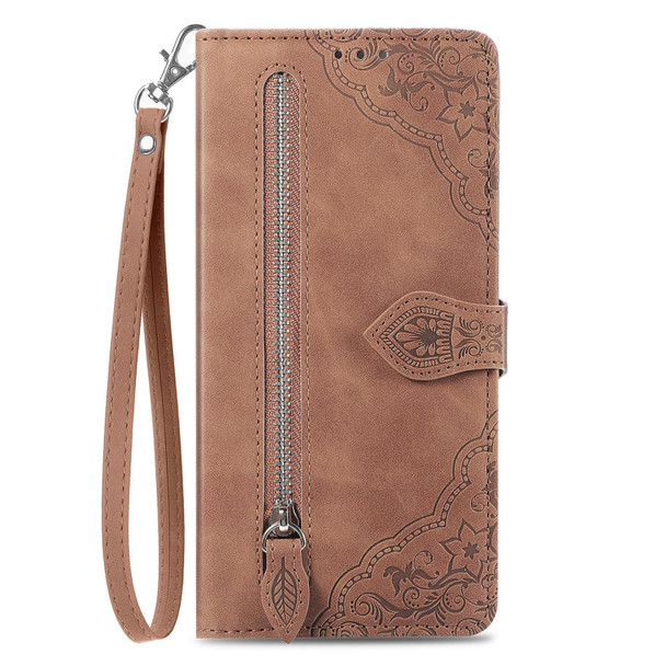 For ZTE Blade A34 Embossed Flower Zipper Leather Phone Case(Brown)