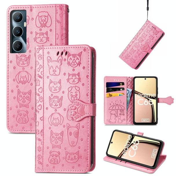 For Realme C65 Cat and Dog Embossed Leather Phone Case(Pink)