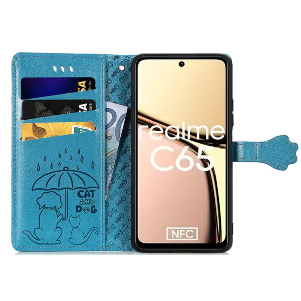 For Realme C65 Cat and Dog Embossed Leather Phone Case(Blue)