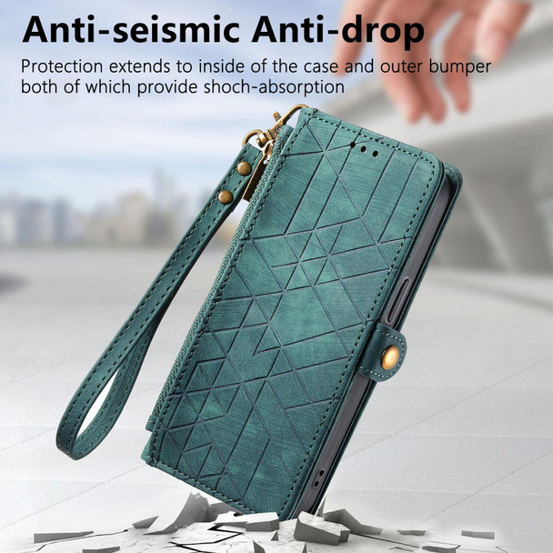 For ZTE Blade A34 Geometric Zipper Wallet Side Buckle Leather Phone Case(Green)