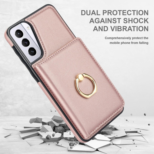 For Samsung Galaxy S21 FE 5G RFID Anti-theft Card Ring Holder Phone Case(Rose Gold)