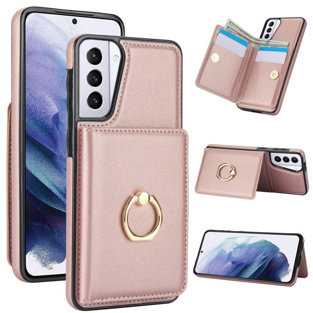 For Samsung Galaxy S21 FE 5G RFID Anti-theft Card Ring Holder Phone Case(Rose Gold)