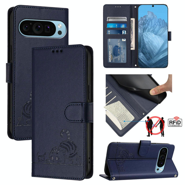 For Google Pixel 9 Pro 5G Cat Rat Embossed Pattern RFID Leather Phone Case with Lanyard(Blue)