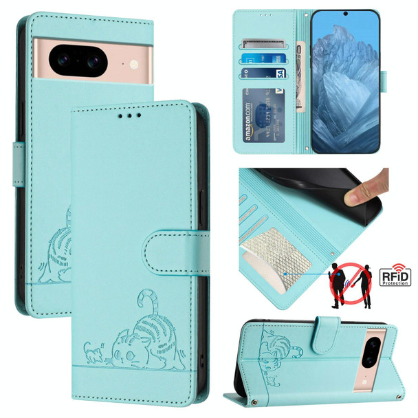 For Google Pixel 8a Cat Rat Embossed Pattern RFID Leather Phone Case with Lanyard(Mint Green)