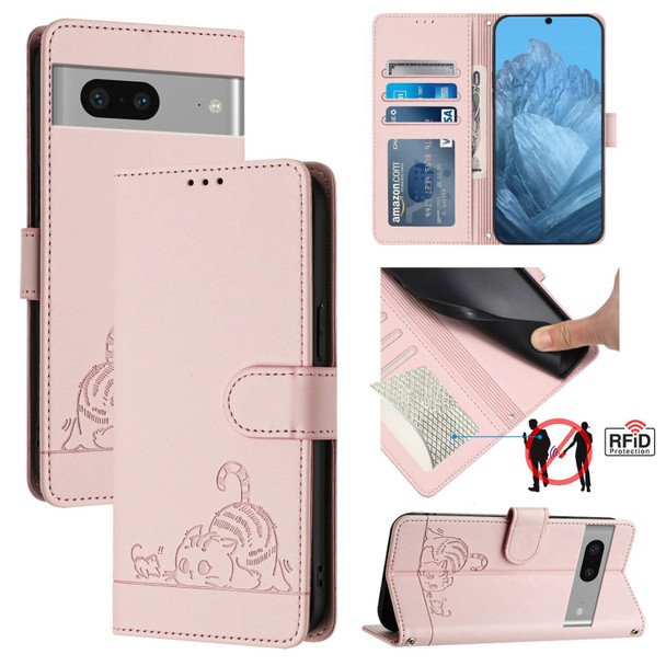For Google Pixel 7 5G Cat Rat Embossed Pattern RFID Leather Phone Case with Lanyard(Pink)