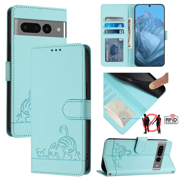 For Google Pixel 7 Pro 5G Cat Rat Embossed Pattern RFID Leather Phone Case with Lanyard(Mint Green)
