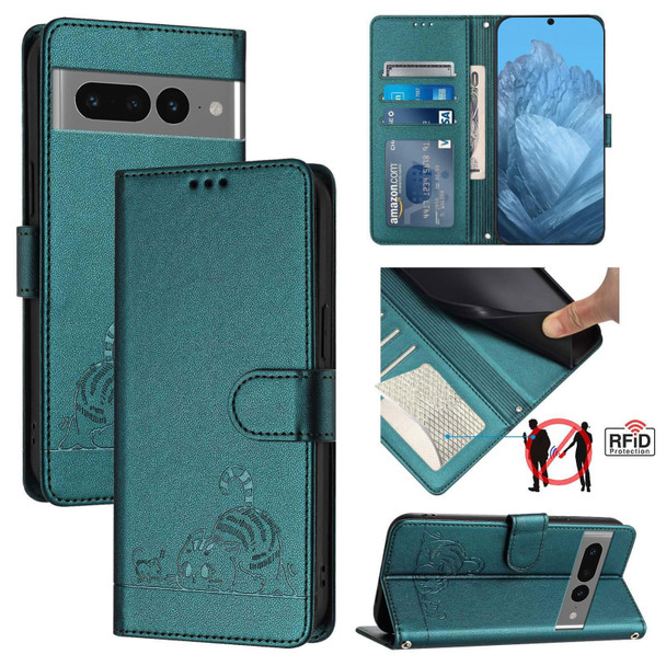 For Google Pixel 7 Pro 5G Cat Rat Embossed Pattern RFID Leather Phone Case with Lanyard(Peacock Green)