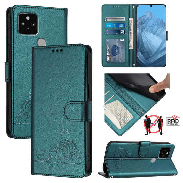 For Google Pixel 5 Cat Rat Embossed Pattern RFID Leather Phone Case with Lanyard(Peacock Green)