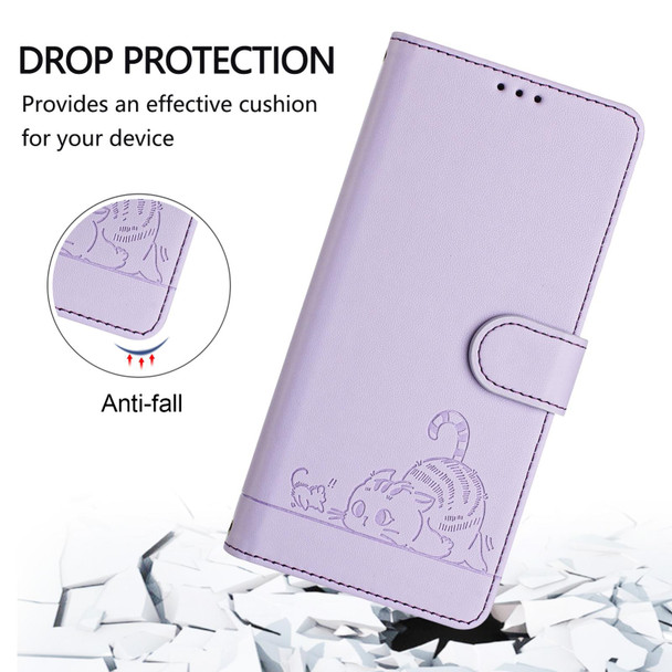 For OPPO A95 4G Global / Reno6 Lite Cat Rat Embossed Pattern RFID Leather Phone Case with Lanyard(Purple)