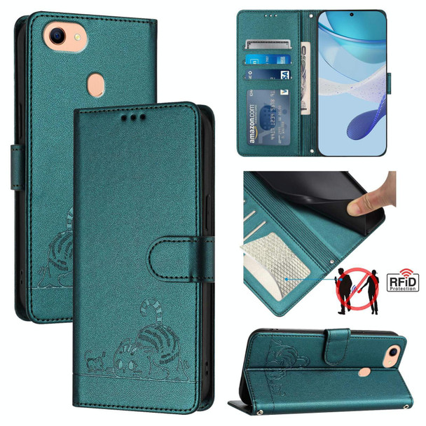 For OPPO F17 / A73 2020 4G Global Cat Rat Embossed Pattern RFID Leather Phone Case with Lanyard(Peacock Green)
