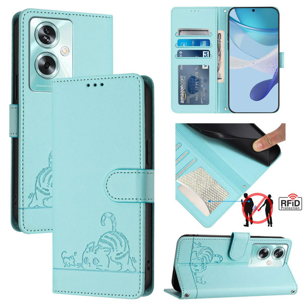 For OPPO A79 5G Global Cat Rat Embossed Pattern RFID Leather Phone Case with Lanyard(Mint Green)