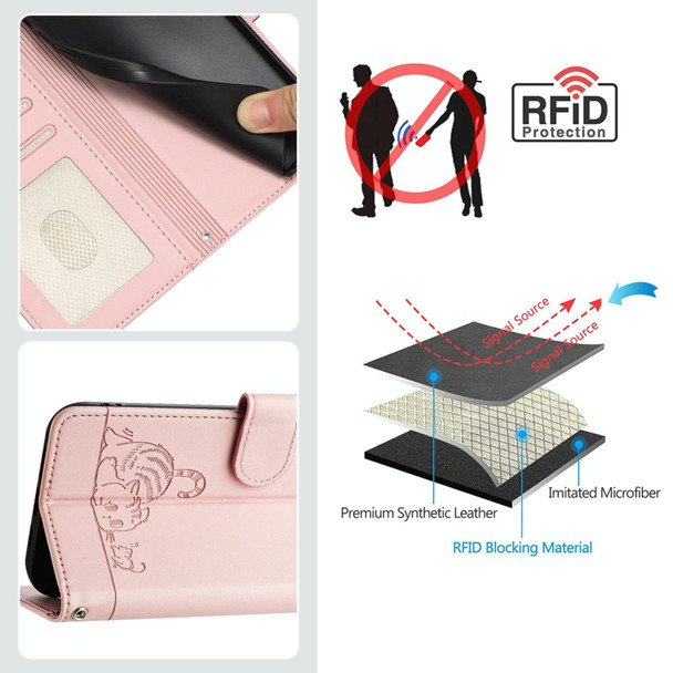 For OPPO A16 / A16S / A55S 5G Cat Rat Embossed Pattern RFID Leather Phone Case with Lanyard(Pink)