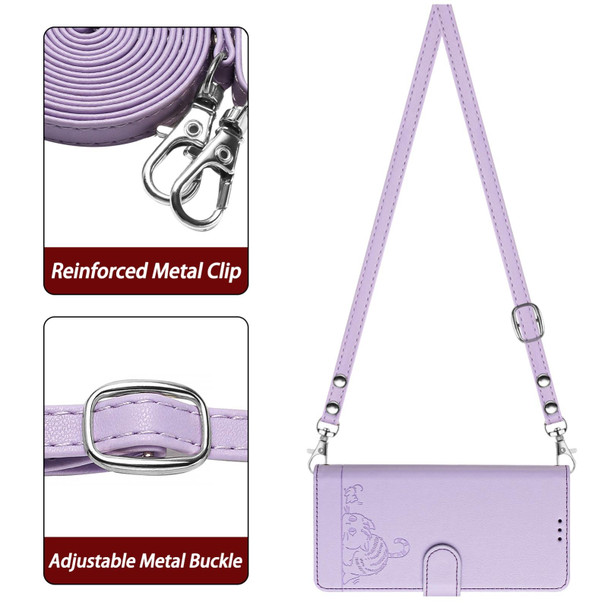 For OPPO F17 / A73 2020 4G Global Cat Rat Embossed Pattern RFID Leather Phone Case with Lanyard(Purple)