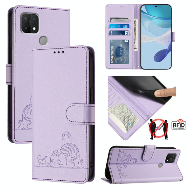 For OPPO A15 / A15S / A35 2021 Cat Rat Embossed Pattern RFID Leather Phone Case with Lanyard(Purple)