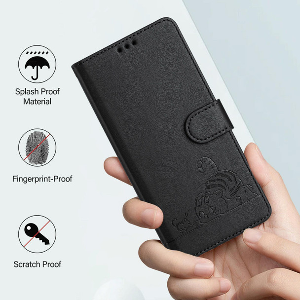For OPPO Reno8 Pro 5G Global Cat Rat Embossed Pattern RFID Leather Phone Case with Lanyard(Black)