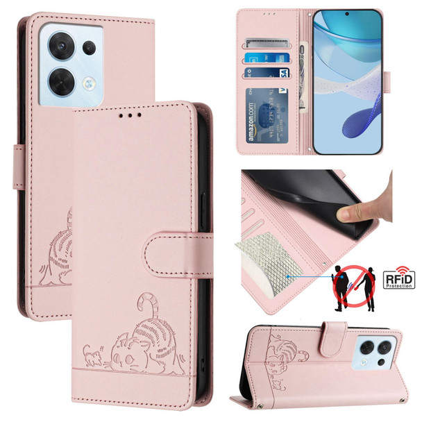 For OPPO Reno8 5G Global Cat Rat Embossed Pattern RFID Leather Phone Case with Lanyard(Pink)