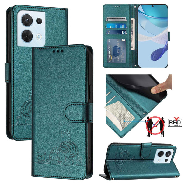 For OPPO Reno8 5G Global Cat Rat Embossed Pattern RFID Leather Phone Case with Lanyard(Peacock Green)