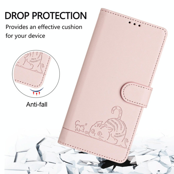 For OPPO Reno9 5G / Reno9 Pro 5G Cat Rat Embossed Pattern RFID Leather Phone Case with Lanyard(Pink)