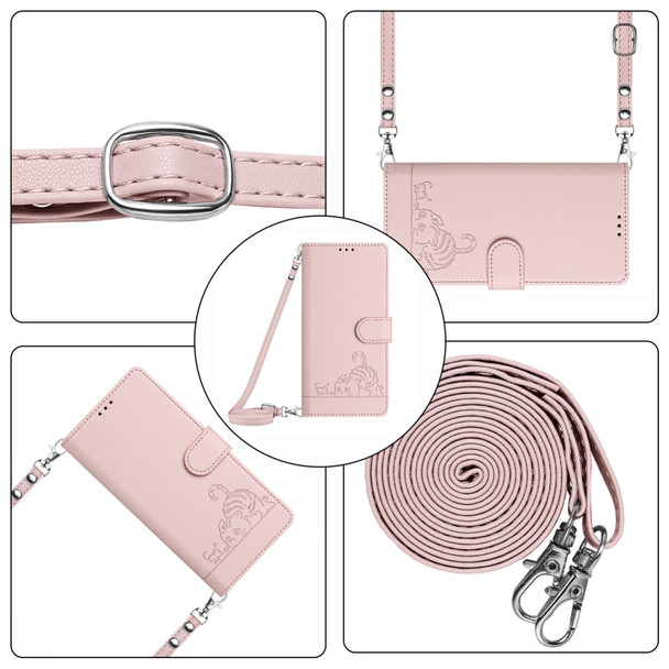 For Realme 12+ 5G Global Cat Rat Embossed Pattern RFID Leather Phone Case with Lanyard(Pink)