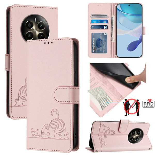 For Realme 12+ 5G Global Cat Rat Embossed Pattern RFID Leather Phone Case with Lanyard(Pink)