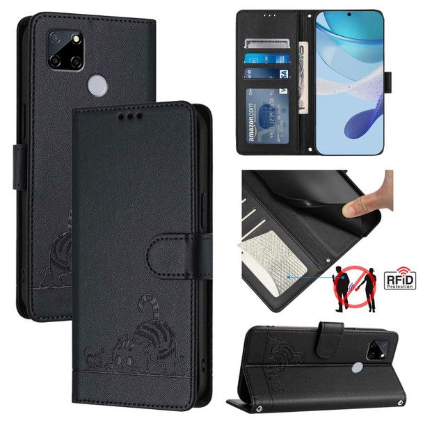 For Realme C25 / C15 / C12 Cat Rat Embossed Pattern RFID Leather Phone Case with Lanyard(Black)
