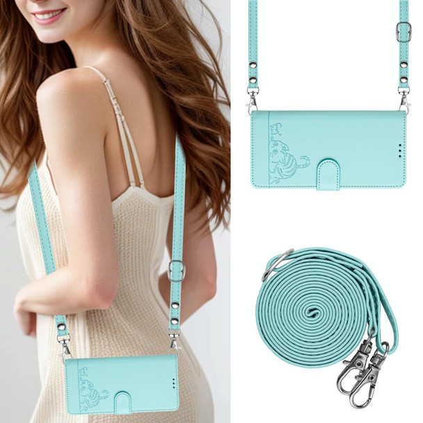 For iPhone 13 mini Cat Rat Embossed Pattern RFID Leather Phone Case with Lanyard(Mint Green)