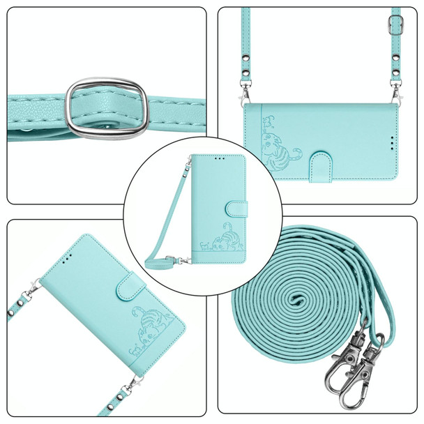 For Sony 5 V 2023 Cat Rat Embossed Pattern RFID Leather Phone Case with Lanyard(Mint Green)