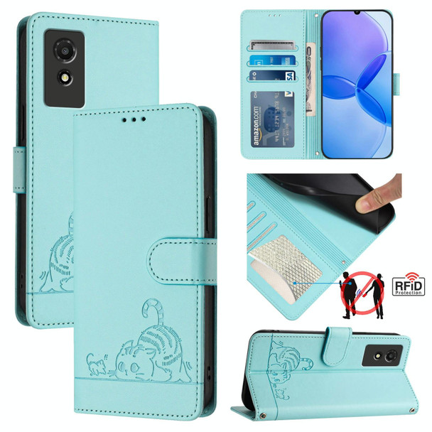 For TCL 501 Cat Rat Embossed Pattern RFID Leather Phone Case with Lanyard(Mint Green)