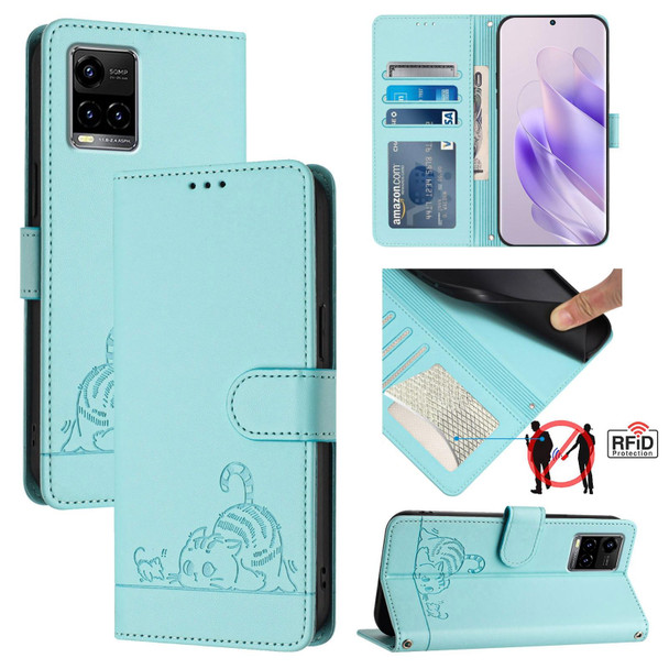 For vivo Y21 2021 / Y21S / Y21T Cat Rat Embossed Pattern RFID Leather Phone Case with Lanyard(Mint Green)