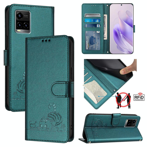 For vivo Y21 2021 / Y21S / Y21T Cat Rat Embossed Pattern RFID Leather Phone Case with Lanyard(Peacock Green)