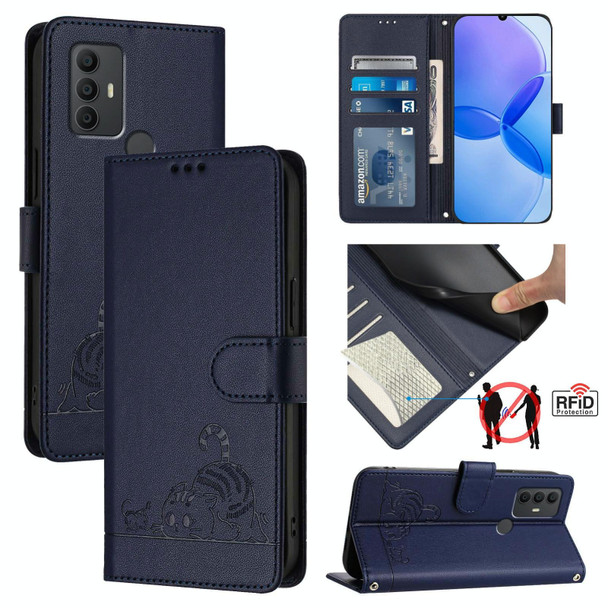 For TCL 305 / 306 Cat Rat Embossed Pattern RFID Leather Phone Case with Lanyard(Blue)