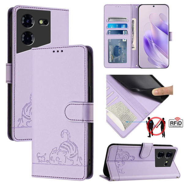 For Tecno Pova 5 Pro 5G Cat Rat Embossed Pattern RFID Leather Phone Case with Lanyard(Purple)