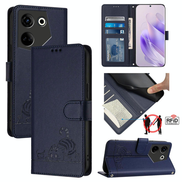 For Tecno Camon 20 / 20 Pro 4G Cat Rat Embossed Pattern RFID Leather Phone Case with Lanyard(Blue)