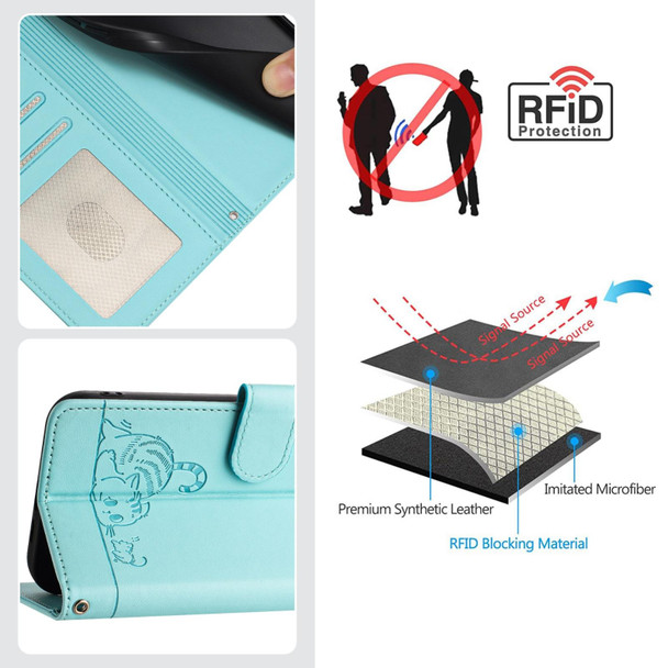 For Xiaomi Redmi Note 12 Pro Speed Cat Rat Embossed Pattern RFID Leather Phone Case with Lanyard(Mint Green)