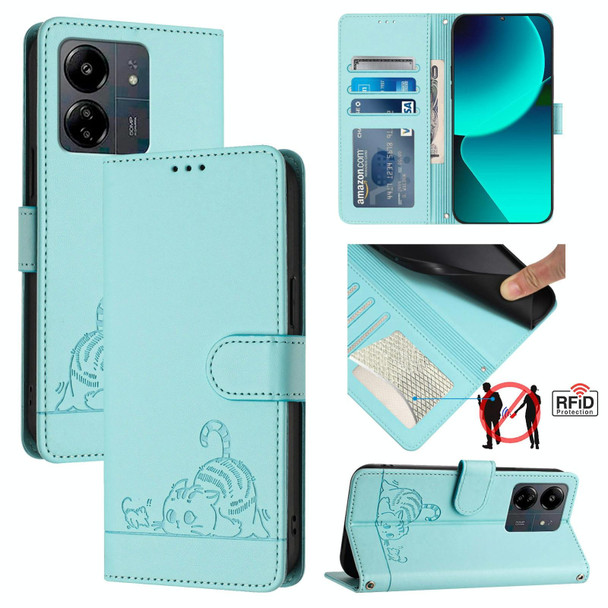 For Xiaomi POCO M6 5G Global Cat Rat Embossed Pattern RFID Leather Phone Case with Lanyard(Mint Green)