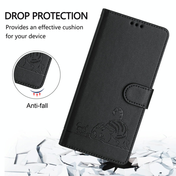 For Xiaomi POCO M6 5G Global Cat Rat Embossed Pattern RFID Leather Phone Case with Lanyard(Black)