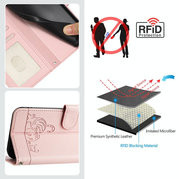 For Xiaomi Redmi Note 12 5G Global Cat Rat Embossed Pattern RFID Leather Phone Case with Lanyard(Pink)