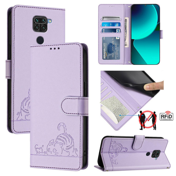 For Xiaomi Redmi Note 9 4G Global Cat Rat Embossed Pattern RFID Leather Phone Case with Lanyard(Purple)