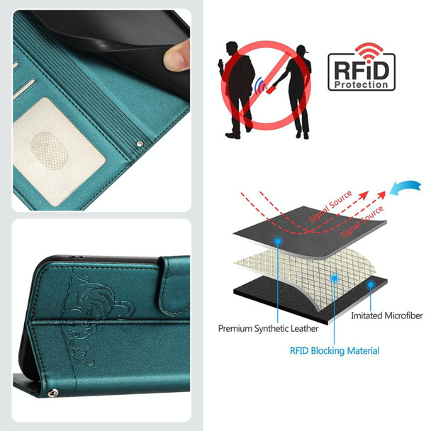 For Xiaomi Redmi Note 10 4G Cat Rat Embossed Pattern RFID Leather Phone Case with Lanyard(Peacock Green)