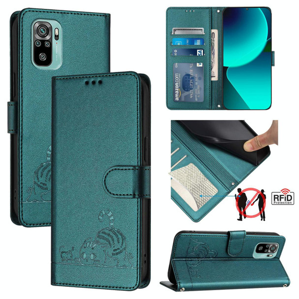 For Xiaomi Redmi Note 10s 4G Cat Rat Embossed Pattern RFID Leather Phone Case with Lanyard(Peacock Green)