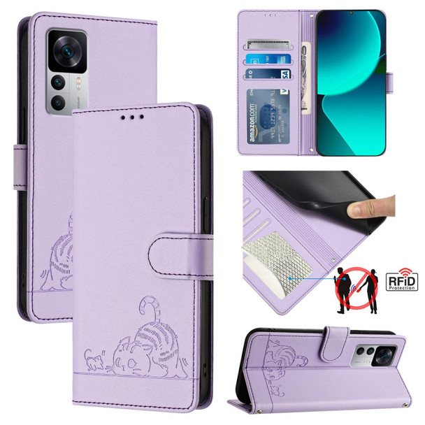 For  Xiaomi 12T / 12T Pro Cat Rat Embossed Pattern RFID Leather Phone Case with Lanyard(Purple)