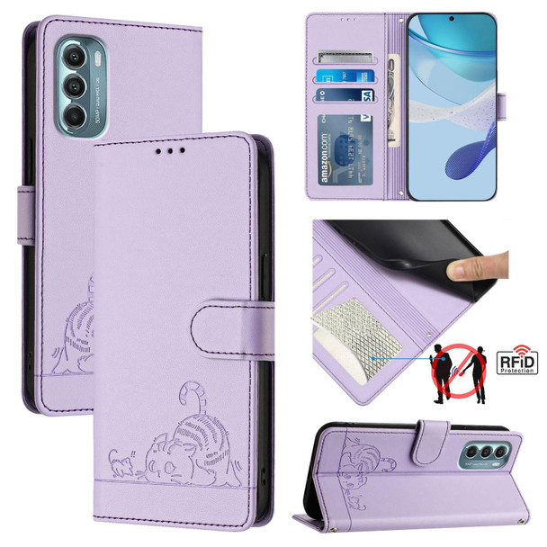 For Motorola Moto G Stylus 5G 2022 Cat Rat Embossed Pattern RFID Leather Phone Case with Lanyard(Purple)