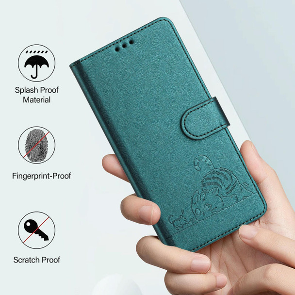 For Motorola Moto G 5G 2024 Global Cat Rat Embossed Pattern RFID Leather Phone Case with Lanyard(Peacock Green)