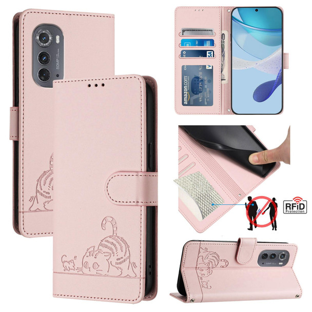 For Motorola Edge 2022 Cat Rat Embossed Pattern RFID Leather Phone Case with Lanyard(Pink)