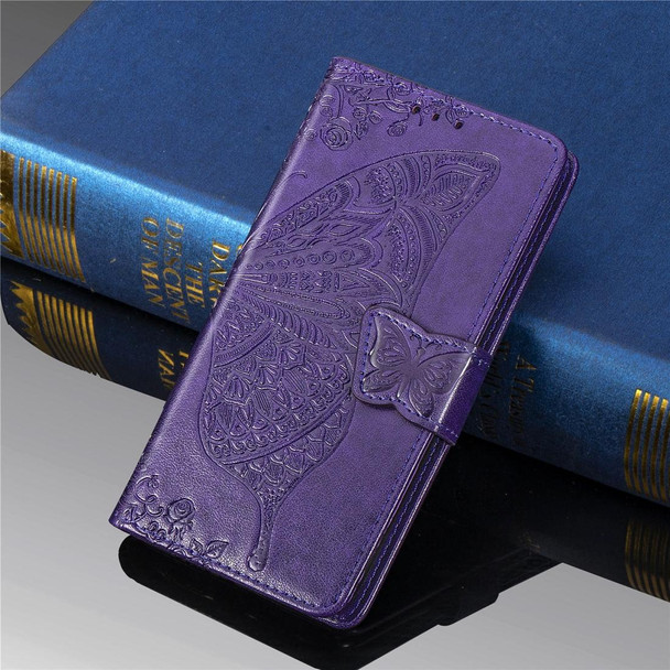 Butterfly Love Flowers Embossing Horizontal Flip Leatherette Case - One Plus 7  with Holder & Card Slots & Wallet & Lanyard(Dark purple)