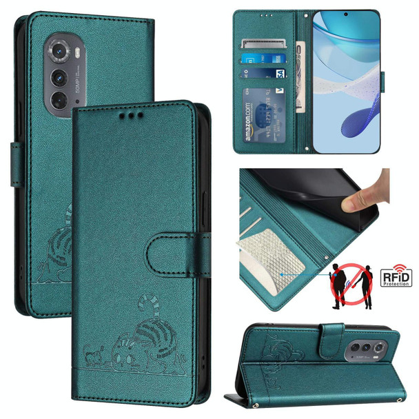 For Motorola Edge 5G UW 2022 Cat Rat Embossed Pattern RFID Leather Phone Case with Lanyard(Peacock Green)