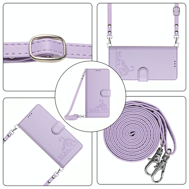 For Motorola Moto E32 4G India Cat Rat Embossed Pattern RFID Leather Phone Case with Lanyard(Purple)