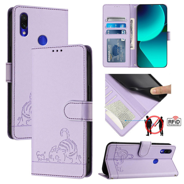 For Xiaomi Redmi Note 7 / 7S Cat Rat Embossed Pattern RFID Leather Phone Case with Lanyard(Purple)